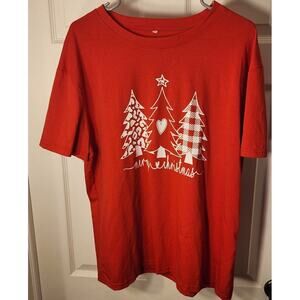 Merry Christmas Graphic Tee Red 2XL Holiday Trees Leopard Plaid